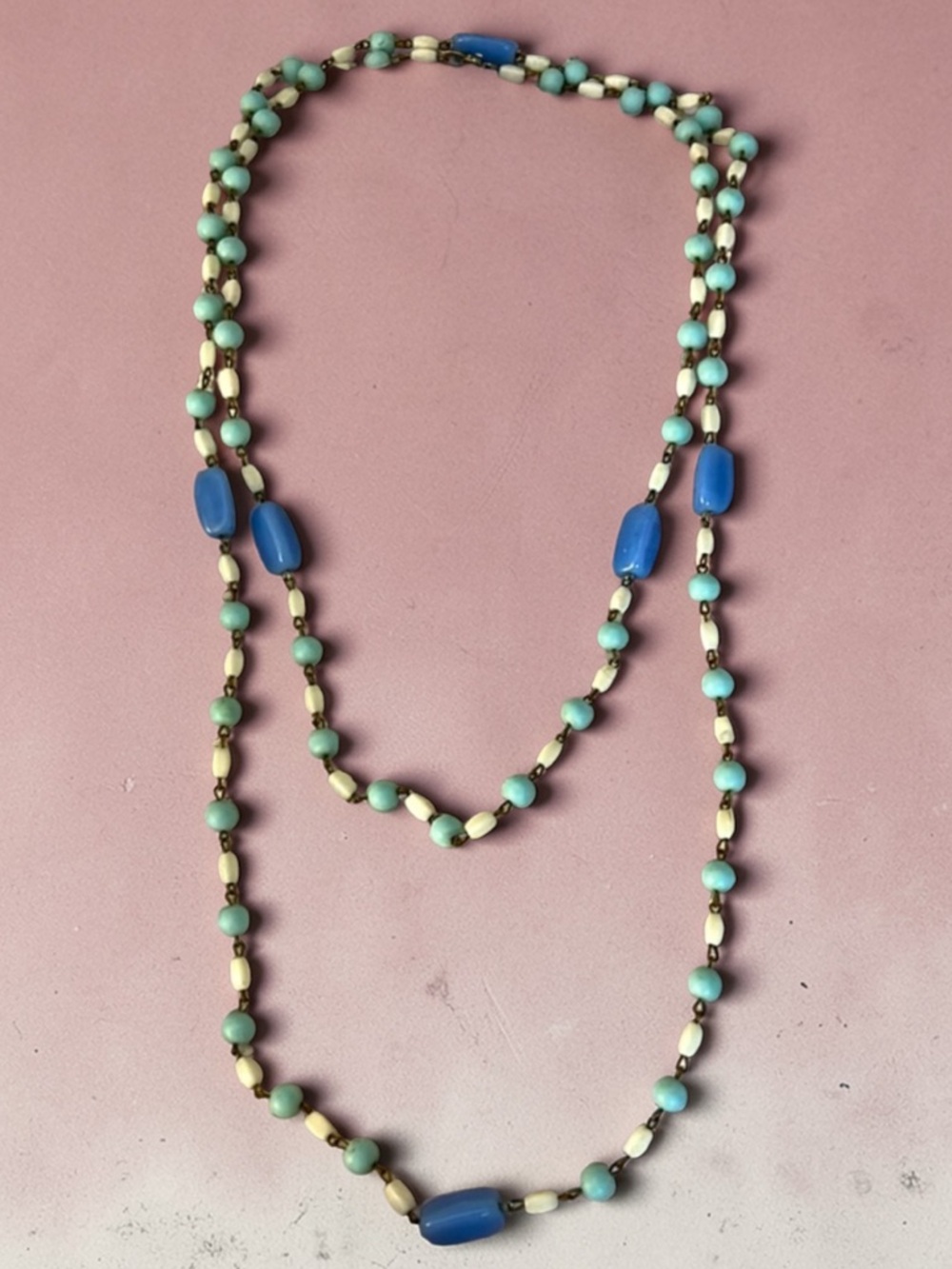 Vintage 1930’s Czech Milk and Blue Glass Beaded Long Necklace